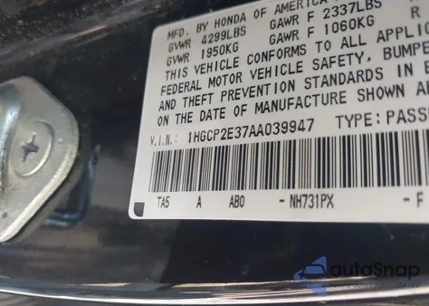 2010 Honda Accord 2.4 Lx z USA, uszkodzony, nr VIN 1HGCP2E37AA039947